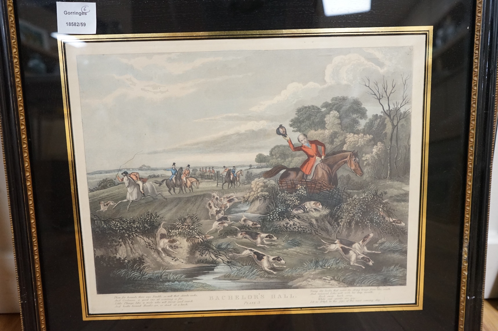 19th century, set of six Bachelor's Hall hunting prints (plates 1-6), 30 x 38cm